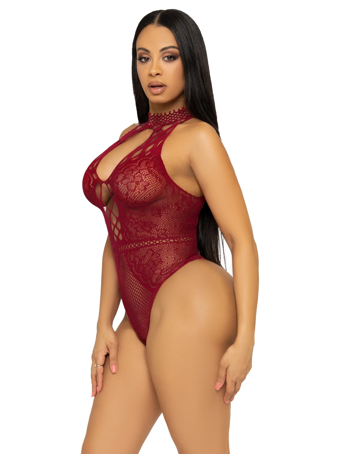 Net and Lace Halter Bodysuit Leg Avenue 89307 Burgundy