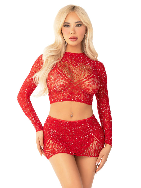 Rhinestone Lace Crop Top and Mini Skirt Leg Avenue 81668 Red