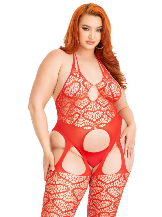 Heart Net Suspender Bodystocking Plus Leg Avenue 89306X Red