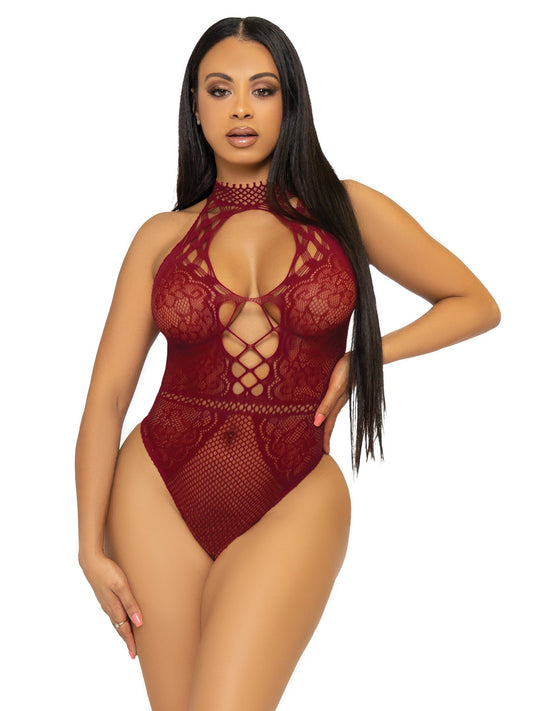 Net and Lace Halter Bodysuit Leg Avenue 89307 Burgundy