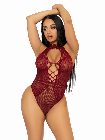 Net and Lace Halter Bodysuit Leg Avenue 89307 Burgundy