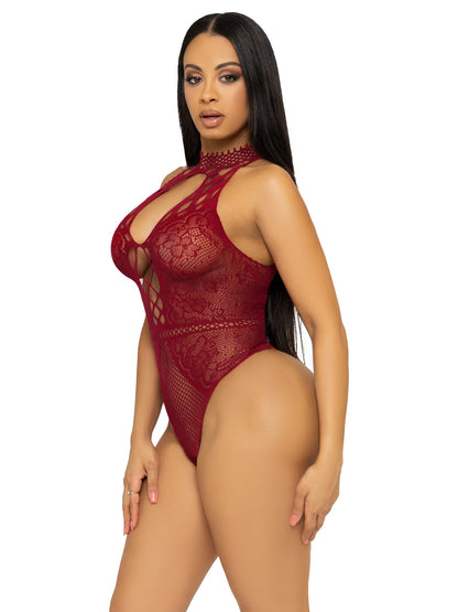 Net and Lace Halter Bodysuit Leg Avenue 89307 Burgundy