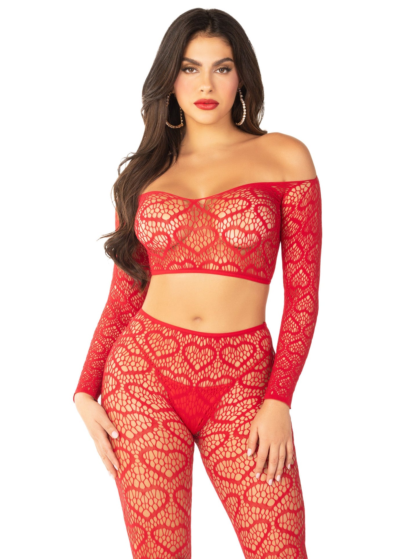 2 PC Heart Net Off the Shoulder Crop Top and Footless Tight Leg Avenue 89337 Red