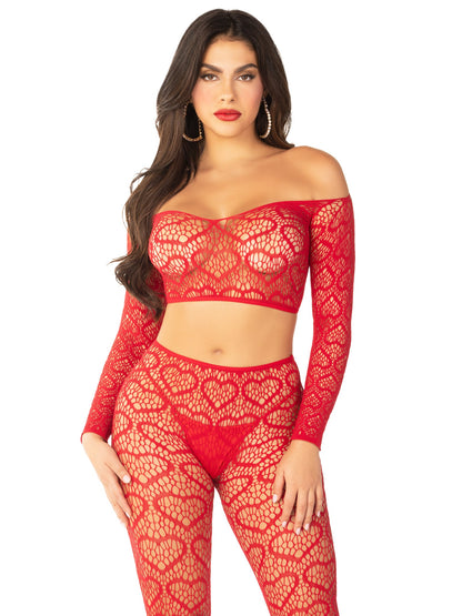 2 PC Heart Net Off the Shoulder Crop Top and Footless Tight Leg Avenue 89337 Red