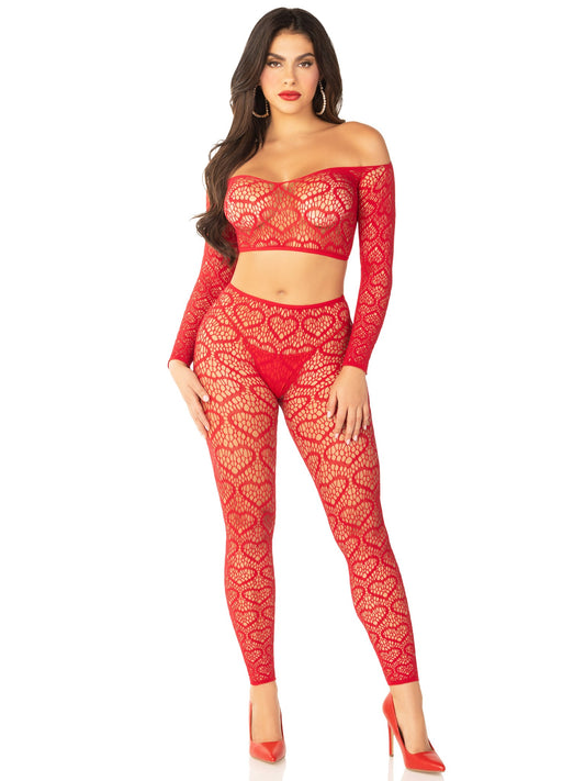2 PC Heart Net Off the Shoulder Crop Top and Footless Tight Leg Avenue 89337 Red