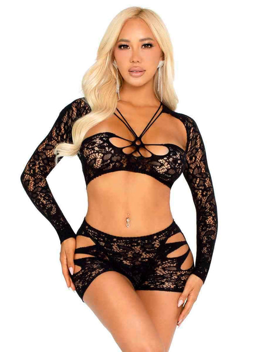 2 PC Lace Cut-Out Bra, Attached Shrug, and Boy Shorts Leg Avenue 89355 Black