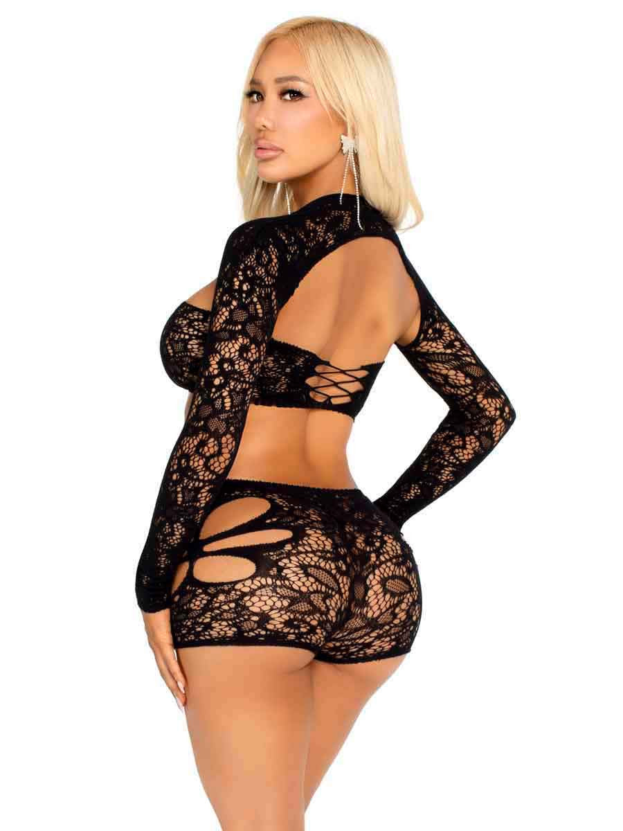 2 PC Lace Cut-Out Bra, Attached Shrug, and Boy Shorts Leg Avenue 89355 Black