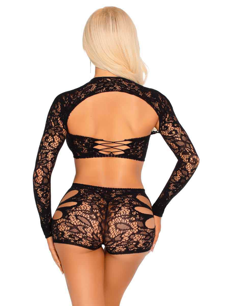 2 PC Lace Cut-Out Bra, Attached Shrug, and Boy Shorts Leg Avenue 89355 Black