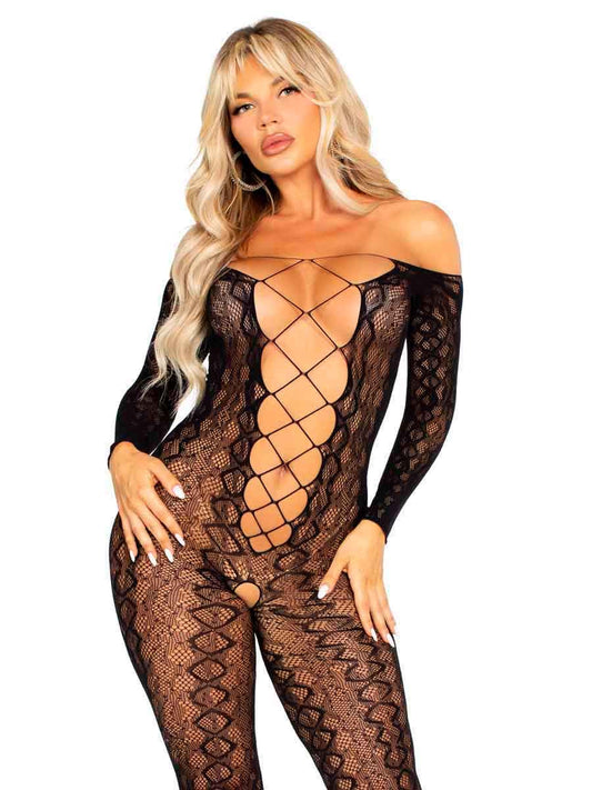 Python Net Crotchless Footless Lingerie Jumpsuit Leg Avenue 89357 Black