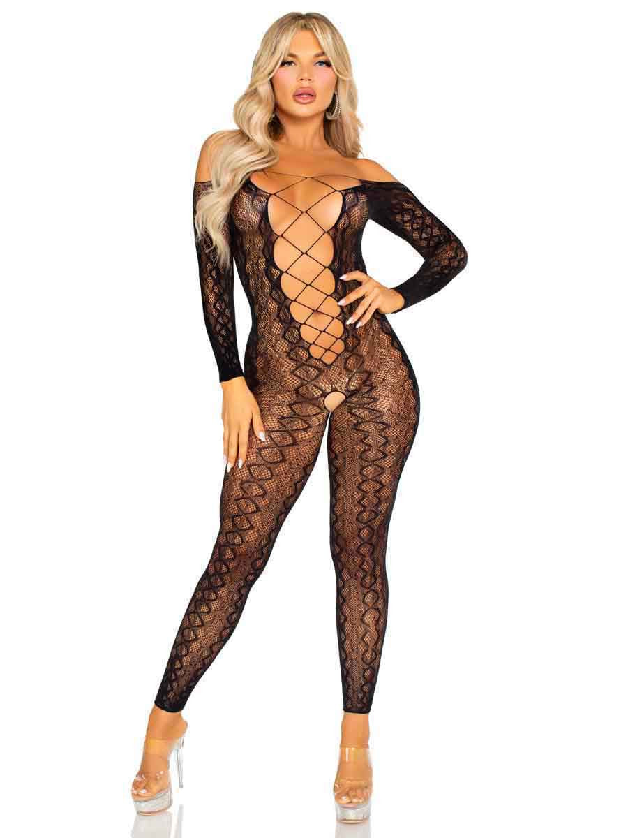 Python Net Crotchless Footless Lingerie Jumpsuit Leg Avenue 89357 Black