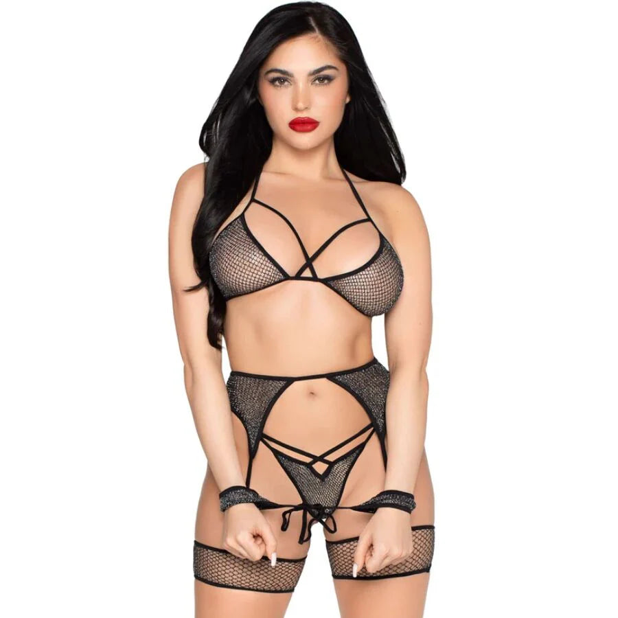 4 PC Shimmer Bra, G- String, Garter, and Wrist Ties Leg Avenue 89362 Black