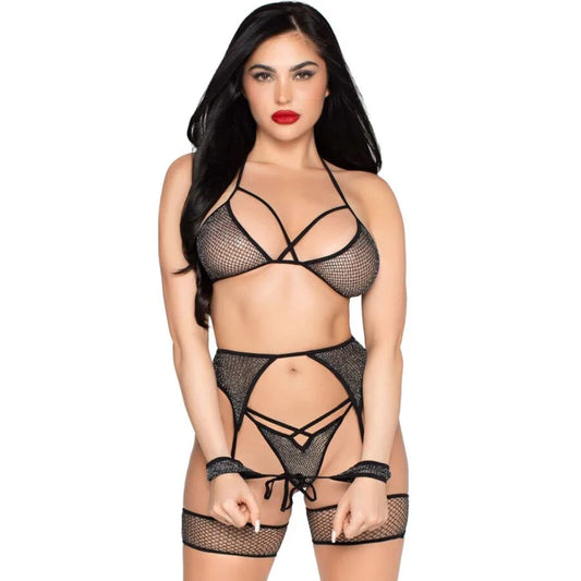4 PC Shimmer Bra, G- String, Garter, and Wrist Ties Leg Avenue 89362 Black
