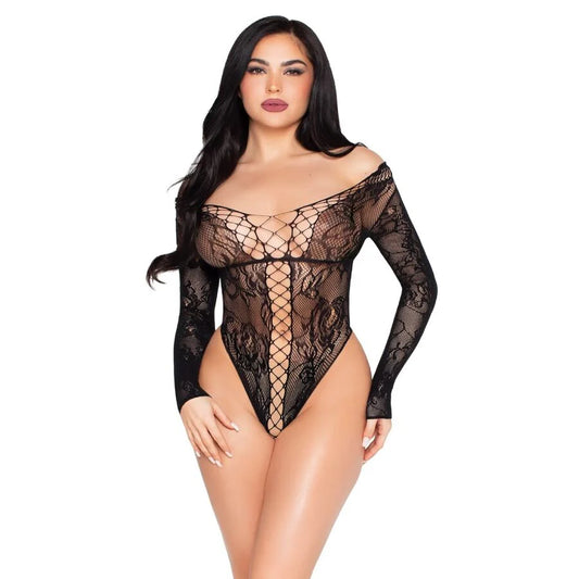 Net and Lace Crotchless Teddy Leg Avenue 89370 Black