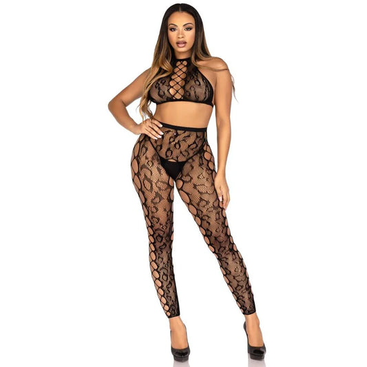 2 PC Leopard Net Crop Top and Crotchless Footless Tights Leg Avenue 89372 Black