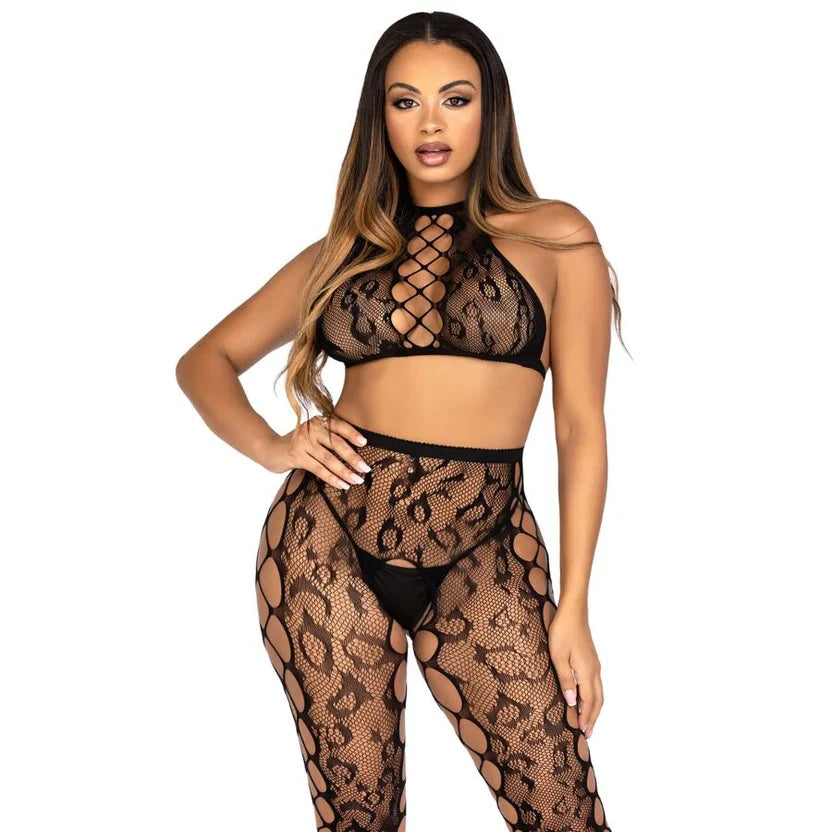 2 PC Leopard Net Crop Top and Crotchless Footless Tights Leg Avenue 89372 Black