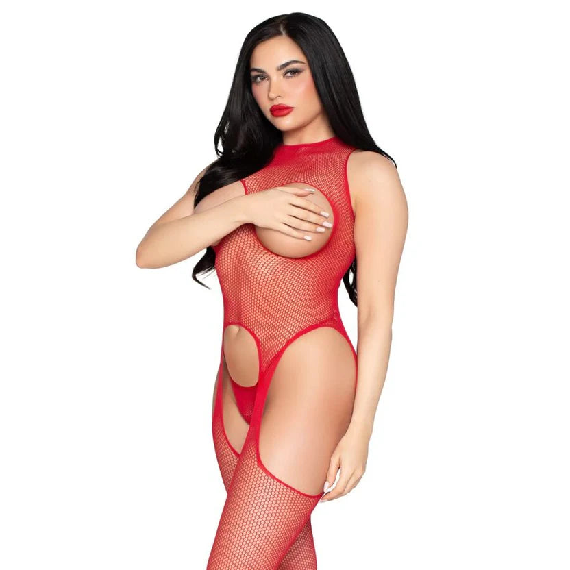 2 PC Net Cupless Suspender Jumpsuit and Panty Leg Avenue 89374 Red