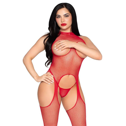 2 PC Net Cupless Suspender Jumpsuit and Panty Leg Avenue 89374 Red