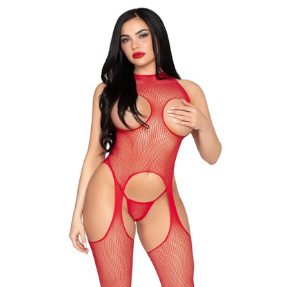 2 PC Net Cupless Suspender Jumpsuit and Panty Leg Avenue 89374 Red