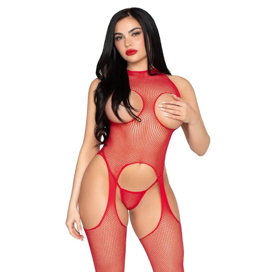 2 PC Net Cupless Suspender Jumpsuit and Panty Leg Avenue 89374 Red