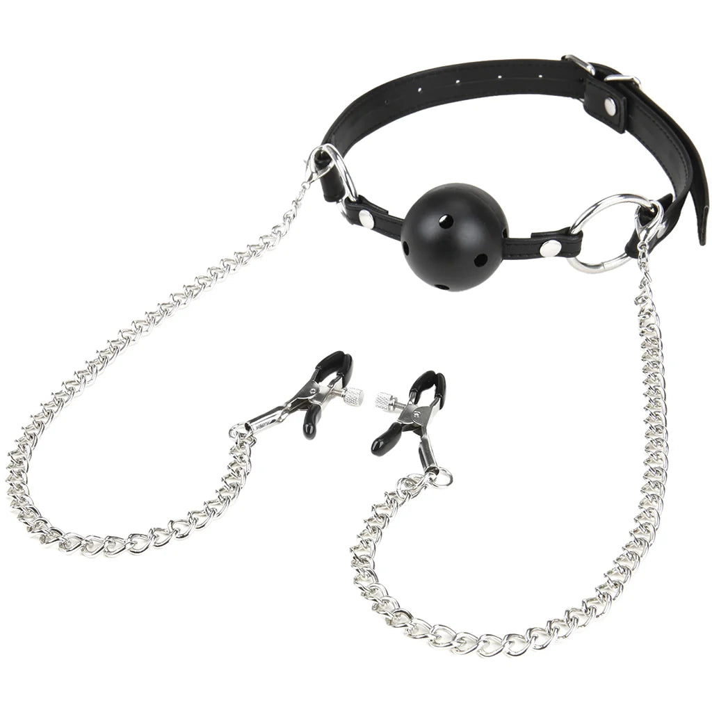 Luxfetish Breathable Ball Gag w/Adjustable Pressure Nipple Clamps
